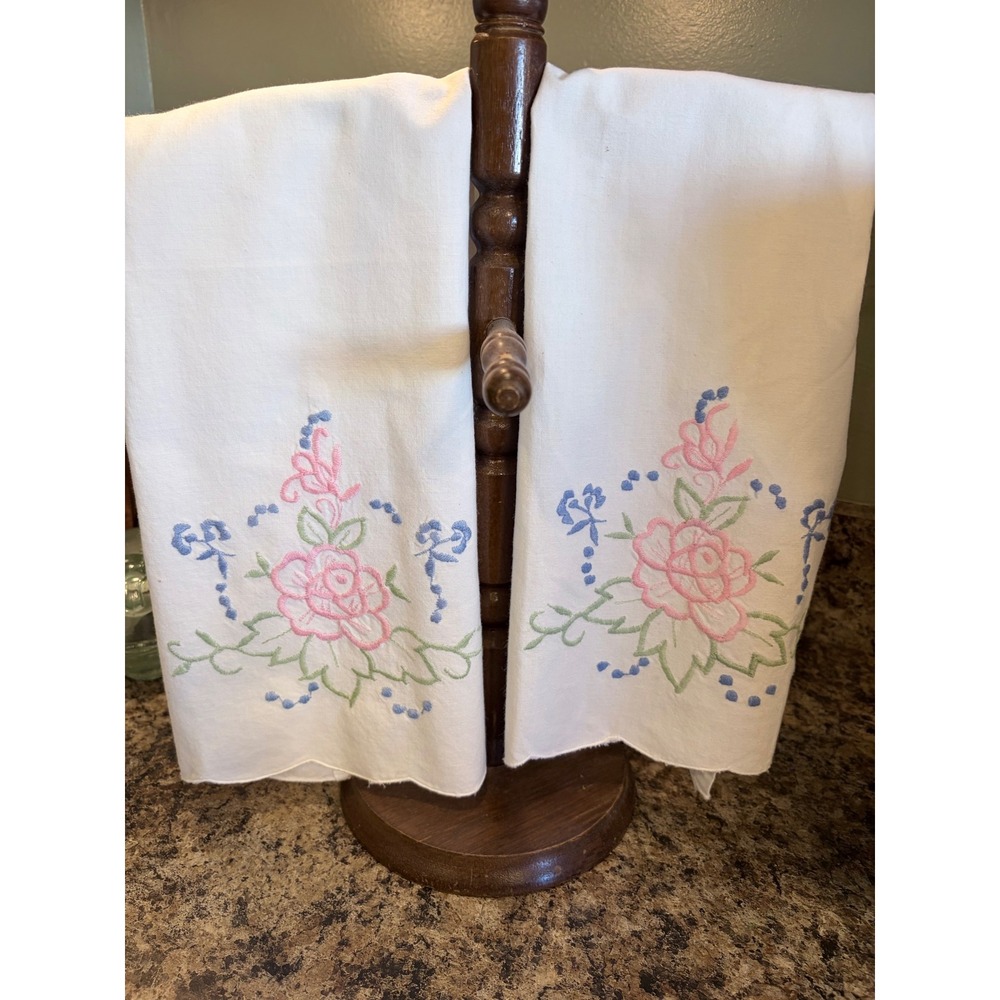 Vintage Embroidered Tea Towels Set | Pink Blue Floral Linen Towels
